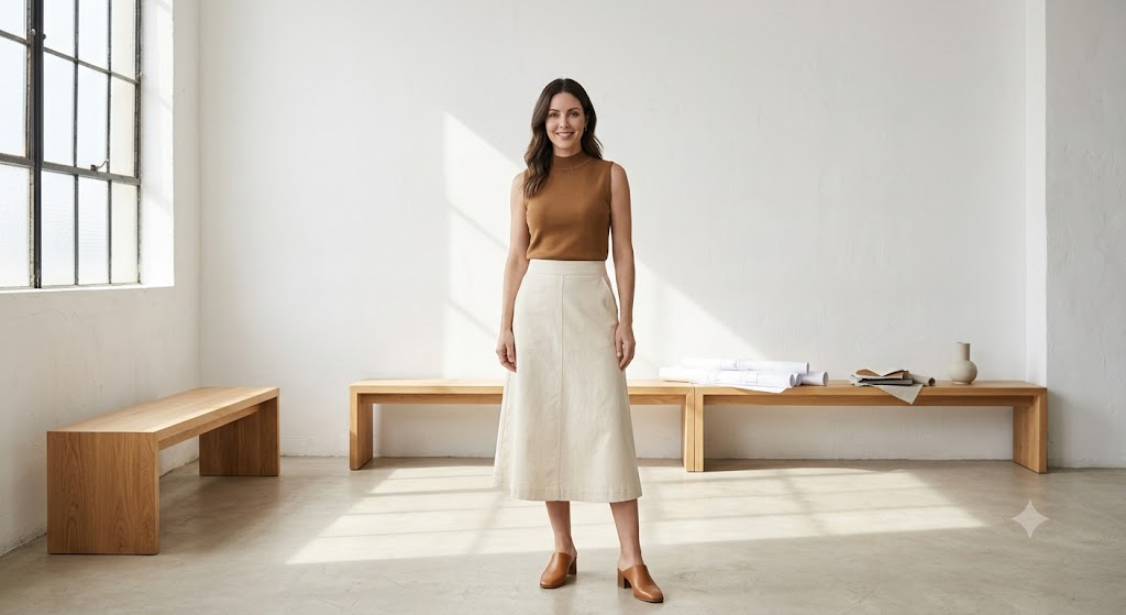 Sleeveless Cotton Mock-Neck and A-Line Midi Skirt